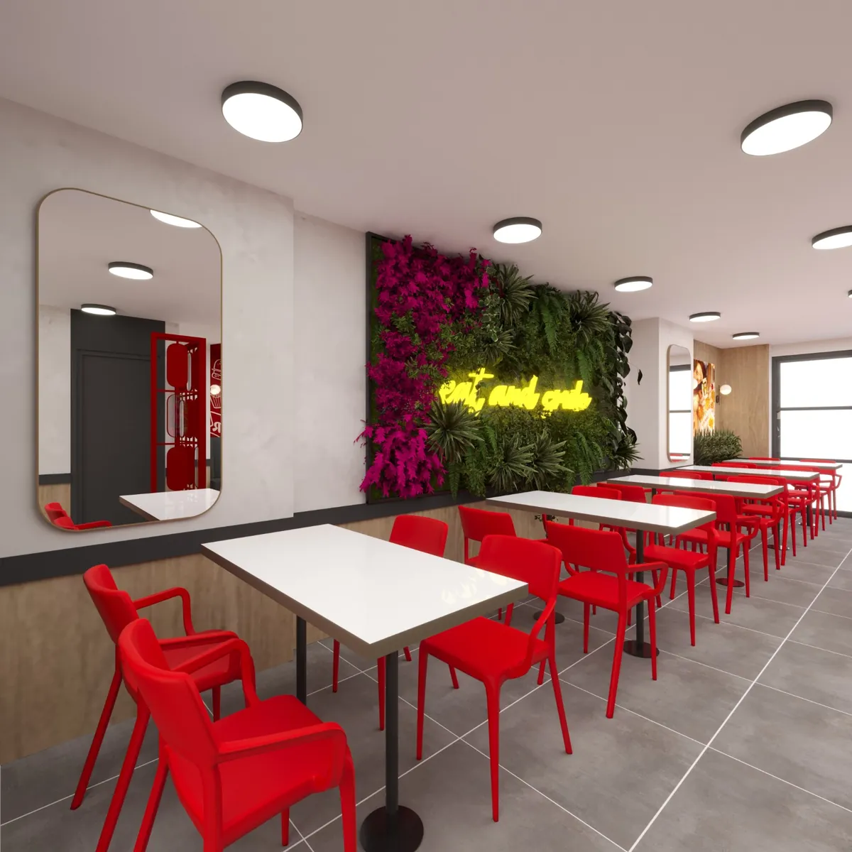 Mixsos şube iç mekânı, yeşil duvar ve neon